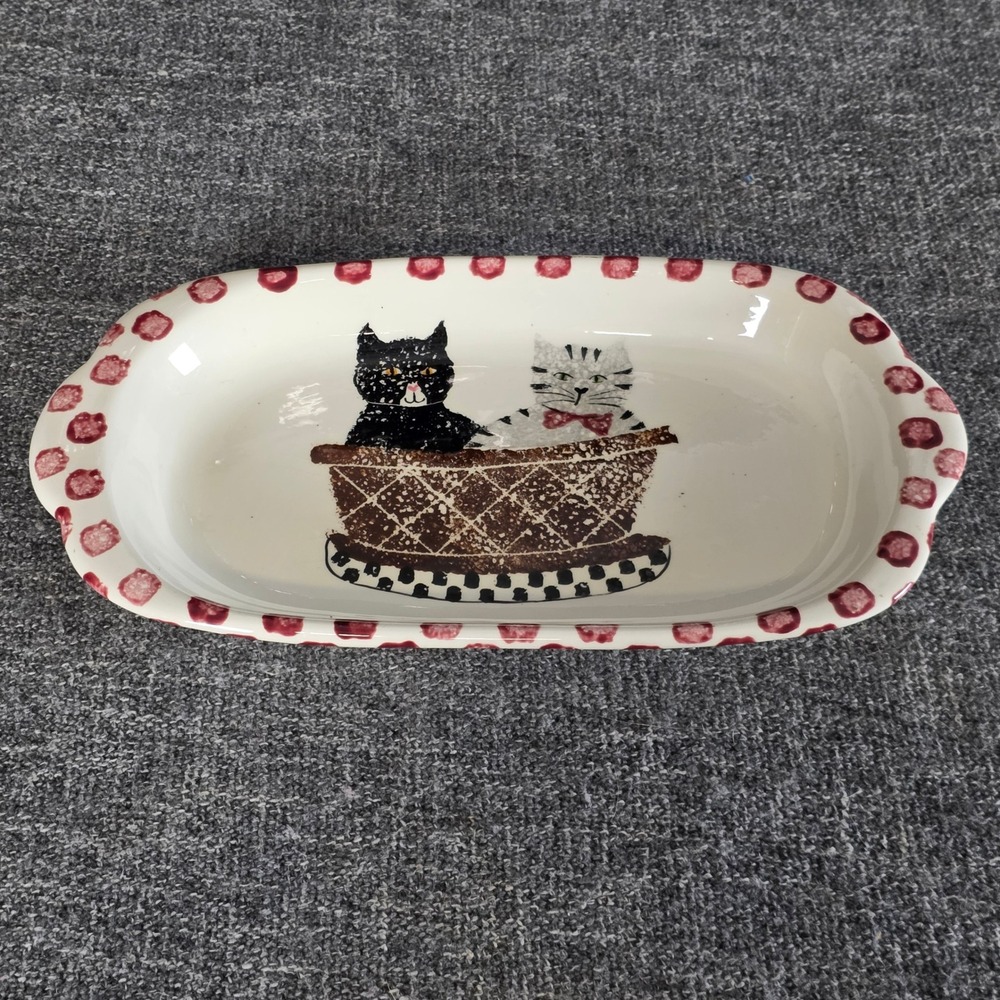 Vintage Cats in Basket Ceramic Platter Signed DW 1995 Hand Painted Oval Tray